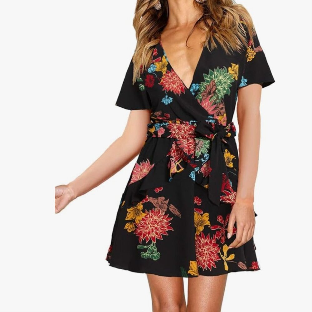 Women's Short Sleeve V Neck Dress Floral Skirt Mini Swing Party Wedding - Sz Med